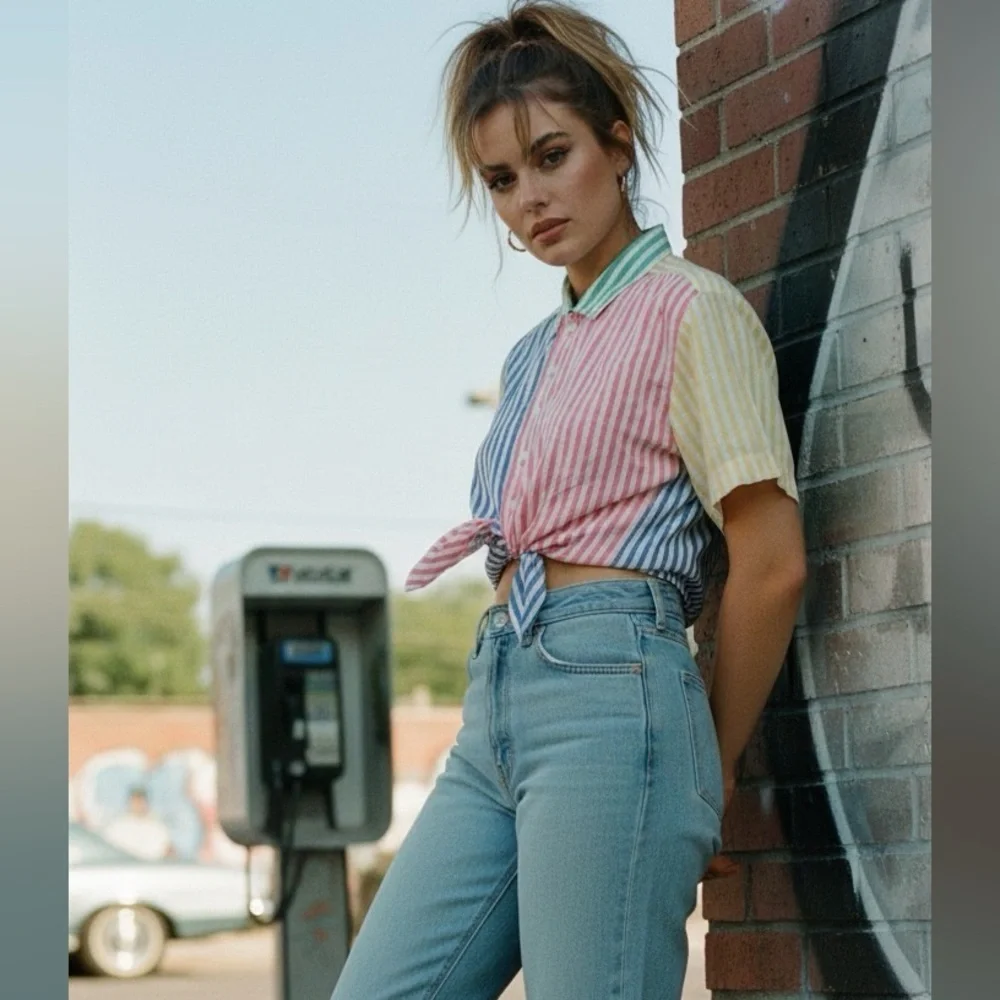 Liz Wear 90s Striped Multicolor Button-Up Shirt - Picture 1 of 7
